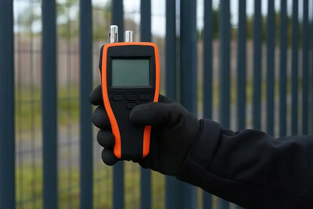 Medidor de temperatura, humedad relativa y punto de rocío parecido al termohigrómetro Elcometer 319 sujetado por una mano con un guante negro de invierno, en el exterior junto a una valla