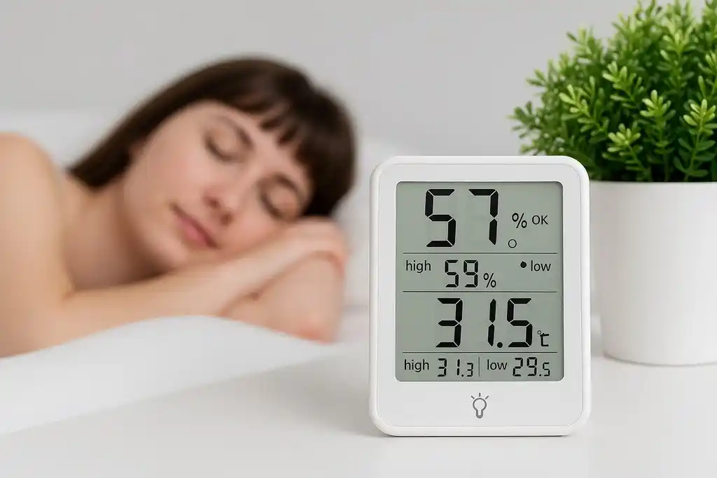 Medidor de temperatura y humedad relativa digital, colocado en una mesita de noche con una planta a la derecha y de fondo una chica joven durmiendo en la cama