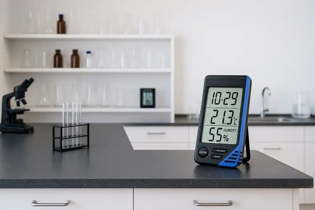 Medidor de temperatura y humedad con certificado de calibración parecido al termohigrómetro Control Company 4040, encima de una mesa de laboratorio junto a un soporte con tubos de ensayo y un microscopio, al fondo una estantería con demás recipientes de laboratorio