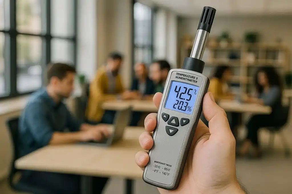 Medidor digital portátil similar al termohigrómetro CEM DT-321S sostenido por la mano de una persona, que está midiendo la temperatura y humedad relativa del interior de una oficina con gente trabajando