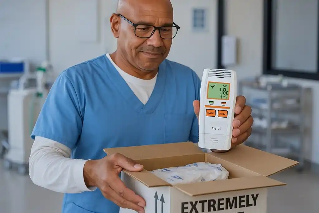 Operario de empaquetado de una empresa farmacéutica, introduce un data logger parecido al termohigrómetro Elitech Tlog 100, dentro de una caja con material sensible que está preparando para ser enviada