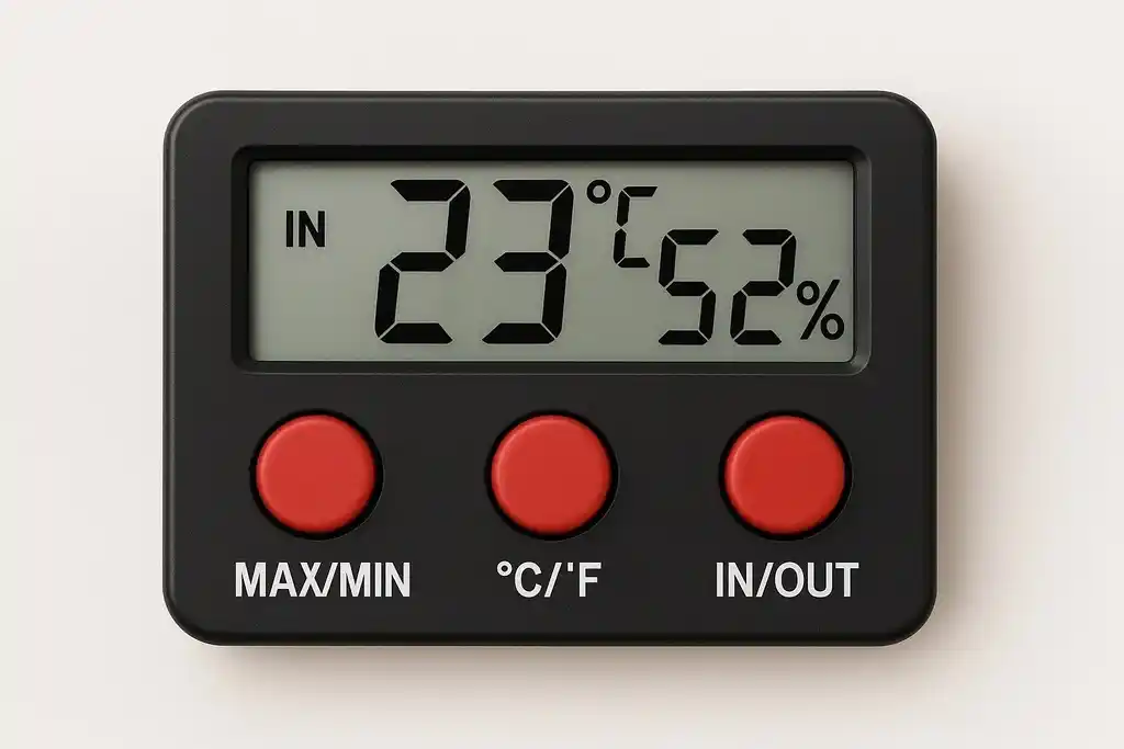Pantalla de un termohigrómetro con sonda mostrando temperatura, humedad relativa y botones de indicadores de máximo y mínimo registrados, grados Celsius o Farenheit y In/Out