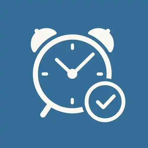 Pictograma minimalista de un despertador con un símbolo de validación, que significa con alarma programable