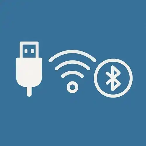 Pictograma minimalista de un conector USB y símbolos de ondas de conectividad inalámbrica