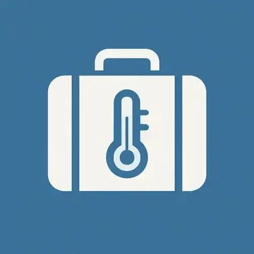 Pictograma minimalista de un maletín con un termómetro, da a entender portabilidad
