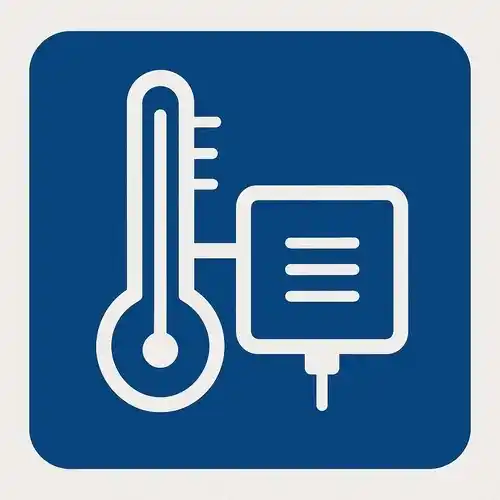 Pictograma blanco con el fondo azul medio, con una termómetro y el esquema de un sensor, que representan un sensor de temperatura
