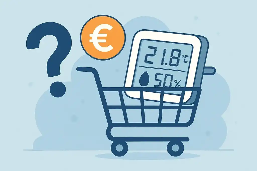 Ilustración flat amigable de un carrito de compra que contiene un termohigrómetro digital, una moneda con un símbolo de euro y un signo de interrogación, representando dudas sobre el precio y la compra de termohigrómetros