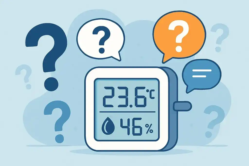 Ilustración flat amigable de un termohigrómetro digital, rodeado de signos de interrogación, representando las preguntas frecuentes sobre termohigrómetros que tiene la gente