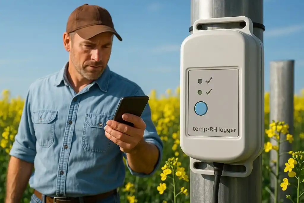 Dispositivo con registro de datos inalámbrico parecido a un termohigómetro Hobo MX2301 fijado en un soporte vertical, y a su izquierda, un operario controlando las lecturas vía smartphone, en un campo de colza