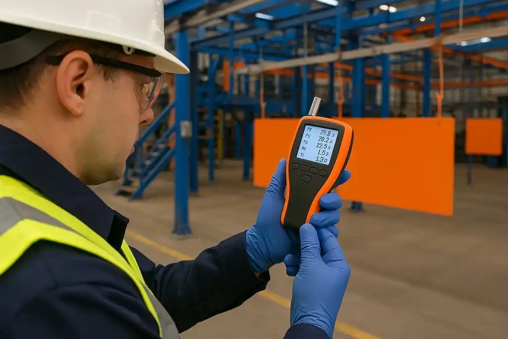 Técnico equipado con un casco de seguridad blanco, gafas de protección y chaleco reflectante amarillo haciendo una inspección en una empresa de aplicado de recubrimientos en piezas, sosteniendo un dispositivo similar a un termohigrómetro Elcometer 309 delta T