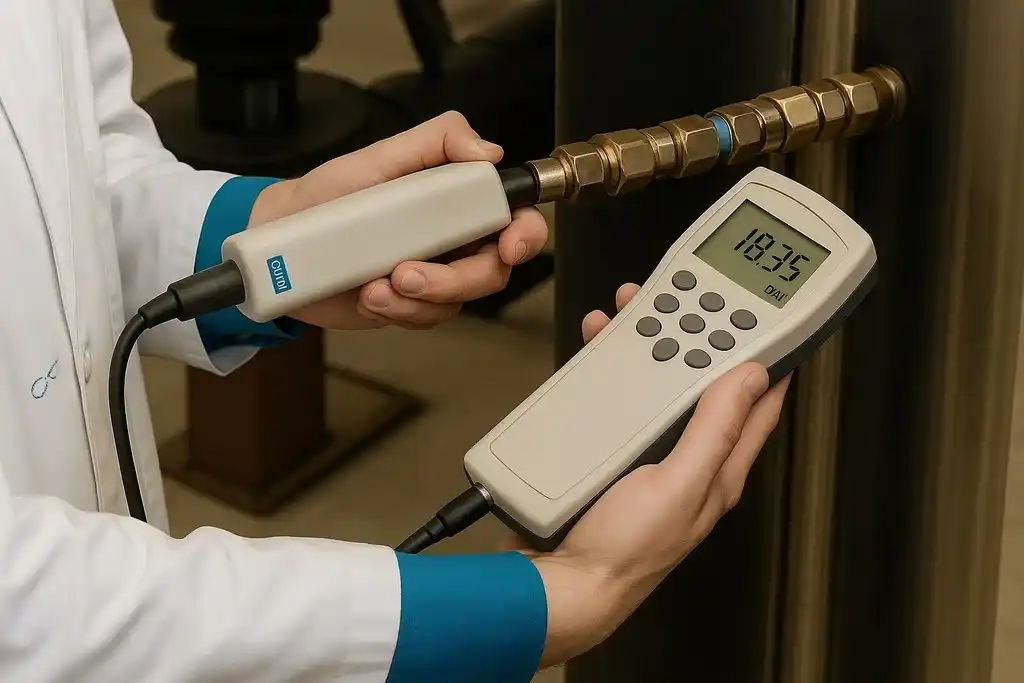 Técnico midiendo el nivel de humedad relativa del conducto de aire comprimido de una fábrica con un dispositivo similar al termohigrómetro Vaisala HM70