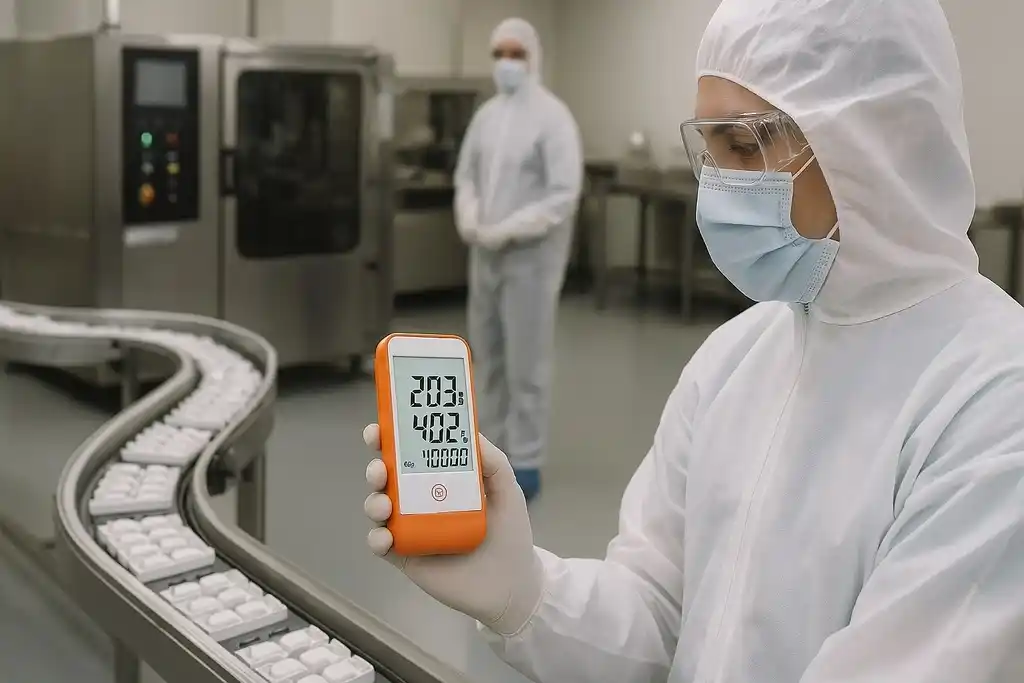 Operario con mono de laboratorio, mascarilla, gafas protectoras y guantes de látex, sosteniendo un medidor parecido al termohigrómetro Elitech GSP-6Pro dentro de una empresa farmacéutica con una cadena de envasado de medicamentos y de fondo un trabajador vestido igual