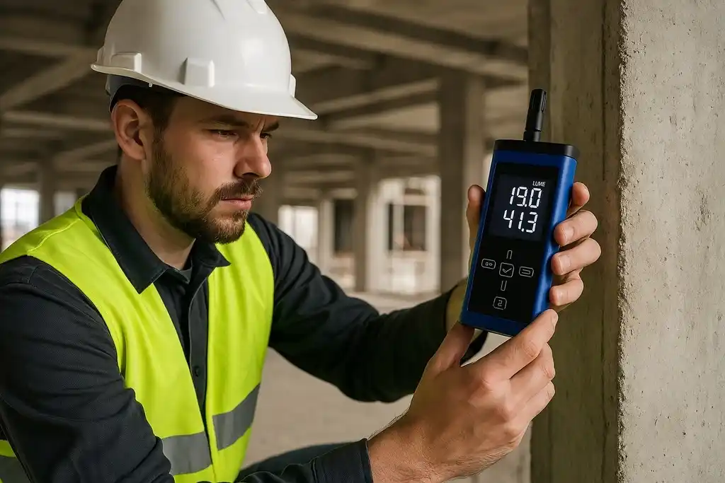 Técnico con casco de seguridad blanco, camisa de trabajo oscura y chaleco reflectante amarillo, observando concentrado la pantalla de un dispositivo portátil similar a un termohigrómetro Lufft XC200 en el interior de una estructura de hormigón de una obra