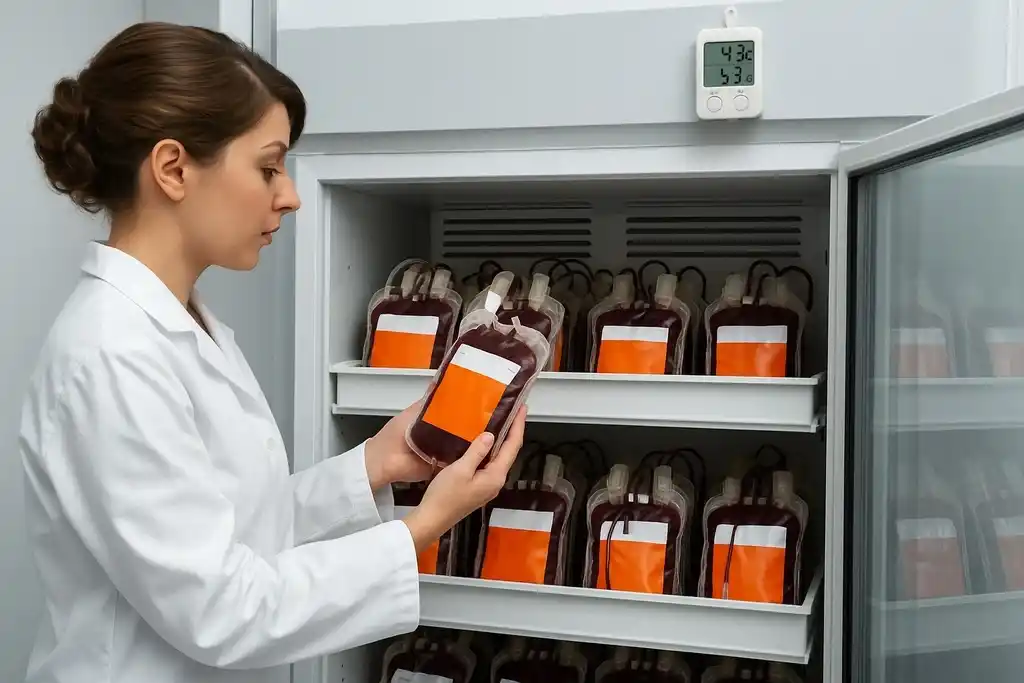 Mujer con bata blanca sosteniendo una bolsa de sangre para transfusiones que ha cogido del refrigerador para banco de sangre, que está con la puerta abierta y dónde hay numerosas bolsas más, fijado en la parte superior externa del refrigerador, hay un termohigrómetro para laboratorio que controla la temperatura y humedad del interior