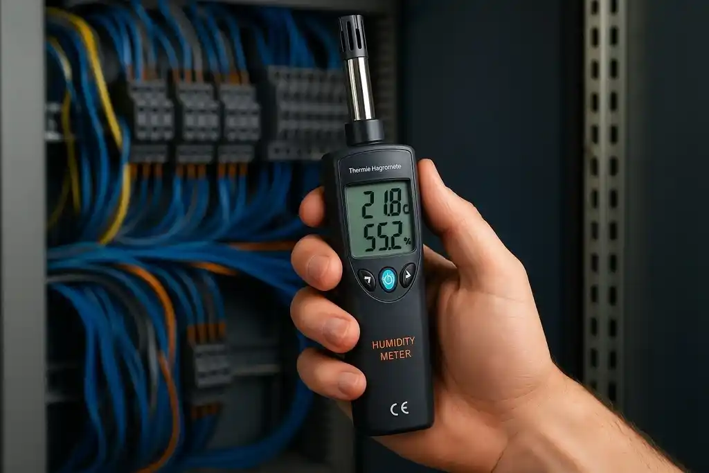 Termohigrómetro industrial sostenido por la mano derecha de un técnico que realiza mediciones de temperatura y humedad relativa en el interior de un cuadro eléctrico de una fábrica