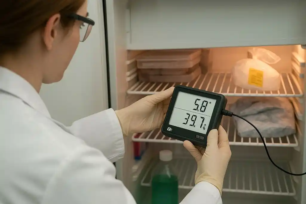 Mujer con gafas, guantes y bata blanca sujetando con las dos manos un termohigrómetro para nevera, con el refrigerador con la puerta abierta y la sonda externa del dispositivo en el interior