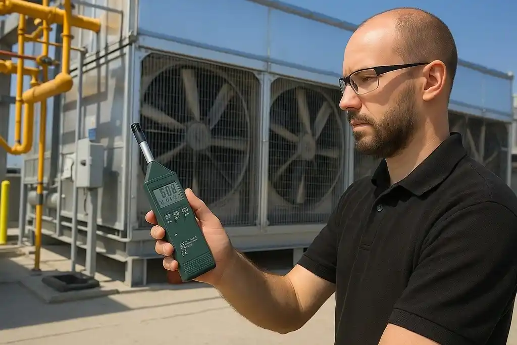 Técnico con un polo negro y gafas, sosteniendo con la mano derecha un termohigrómetro industrial portátil mientras se fija en las mediciones de temperatura y humedad relativa de la pantalla, de fondo una gran unidad HVAC de tratamiento de aire de alguna fábrica