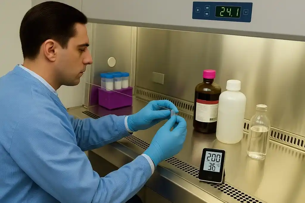 Técnico con guantes y bata azul, sentado trabajando con muestras y a su derecha encima de la mesa de trabajo, un termohigrómetro para laboratorio