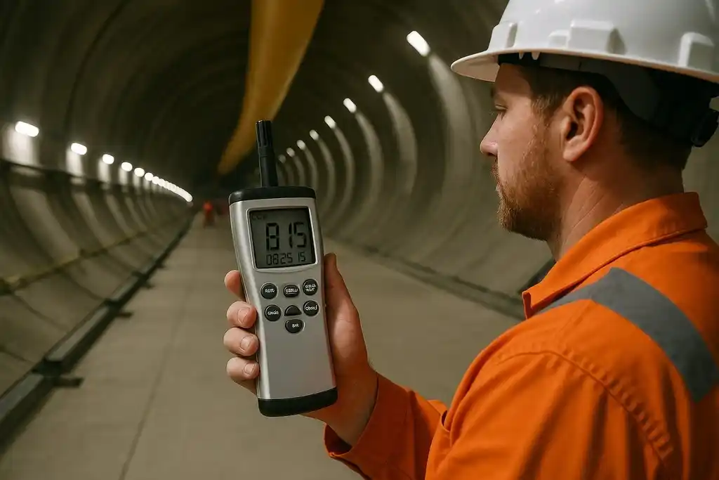Técnico equipado con casco de seguridad de color blanco y ropa de trabajo naranja con bandas reflectantes, inspecciona el interior de un túnel en construcción con un medidor de temperatura, humedad relativa y CO2 similar al termohigrómetro Rotronic CP11