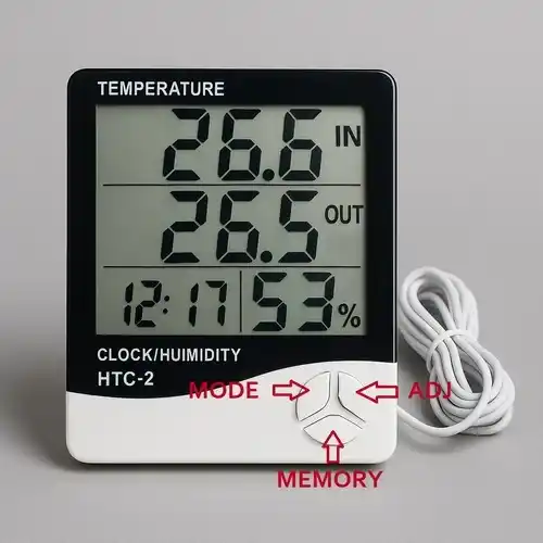 Termohigrómetro HTC-2 con los principales botones marcados con su función (MODE, ADJ, MEMORY), para usarse como guía