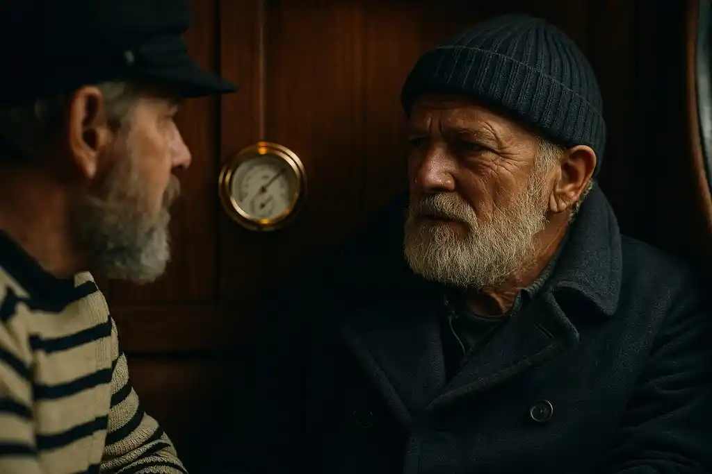 Marinero y capitán conversando sentados en el interior de una barca de madera, con un ambiente de lobo de mar y en la pared del fondo un termohigrómetro analógico similar a algún modelo de la marca Anvi