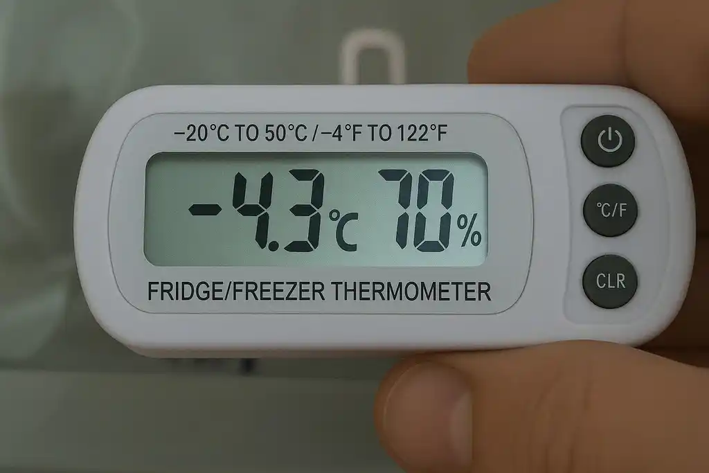Primer plano de un mini termohigrómetro para nevera, más exactamente un termohigrómetro data logger, sostenido por la mano derecha de una persona y de fondo un refrigerador abierto