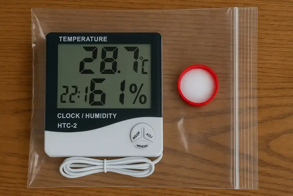 Termohigrómetro digital HTC 2 en el interior de una bolsa hermética, con un tapón de botella rellenado con sal humedecida con agua, para hacer la calibración manual con el método del salero