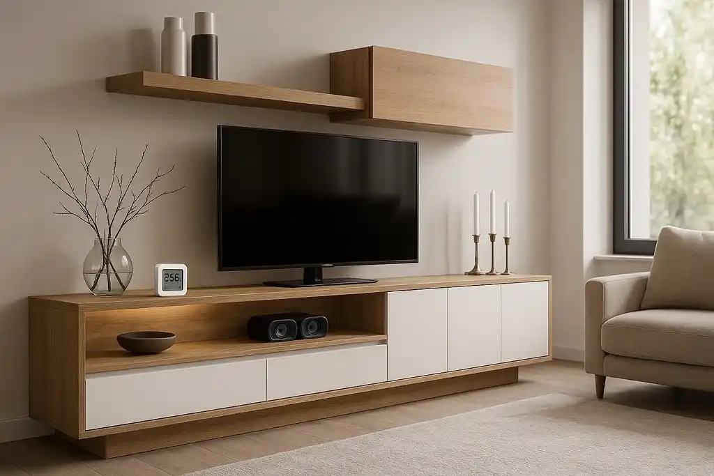 Termohigrómetro digital encima de un mueble elegante de madera, al lado de la televisión y de un jarrón de cristal con ramas secas, en un bonito salón de una casa
