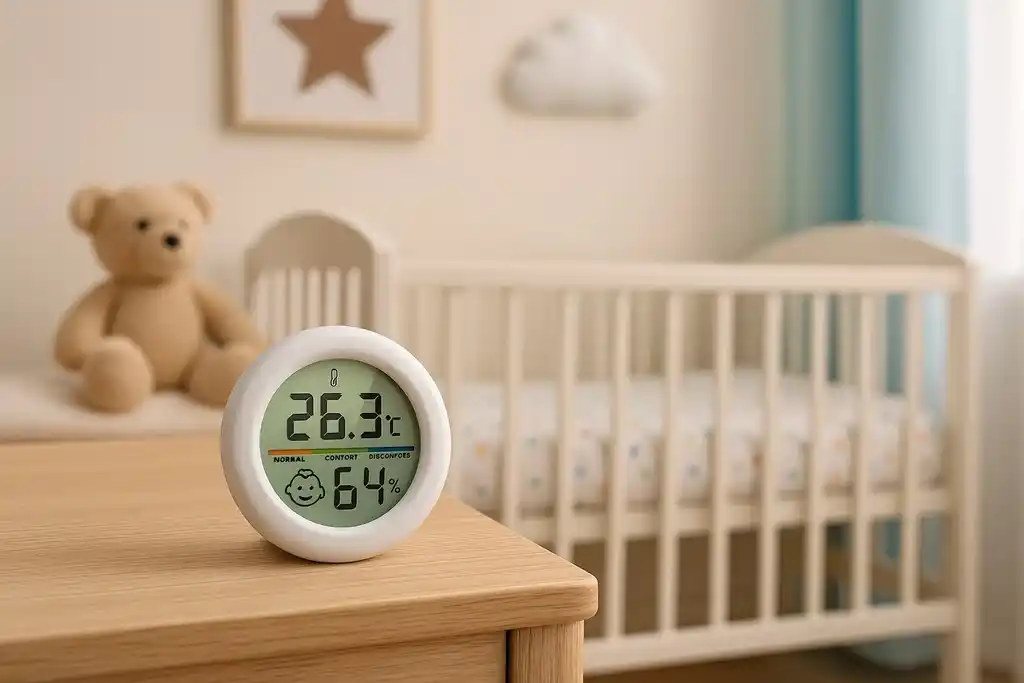 Medidor de temperatura y humedad relativa redondo de color blanco encima de un mueble de madera de color claro en una habitación infantil, y de fondo, una cuna y un osito de peluche