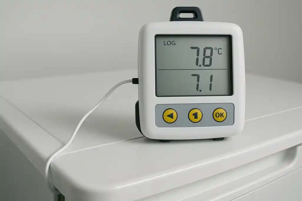 Termohigrómetro digital con sonda, colocado encima de un refrigerador blanco con la puerta cerrada y su sonda externa entra al interior de este a través de la ranura de la puerta