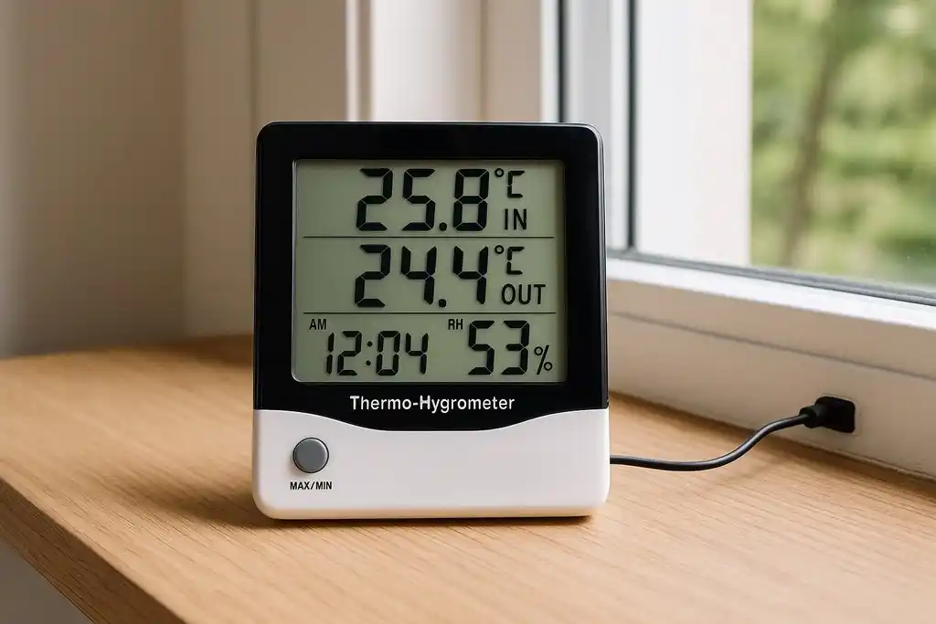 Termohigrómetro IN OUT con lecturas simultáneas de temperatura y humedad interior y exterior en su pantalla, colocado en el interior de una vivienda junto a la ventana