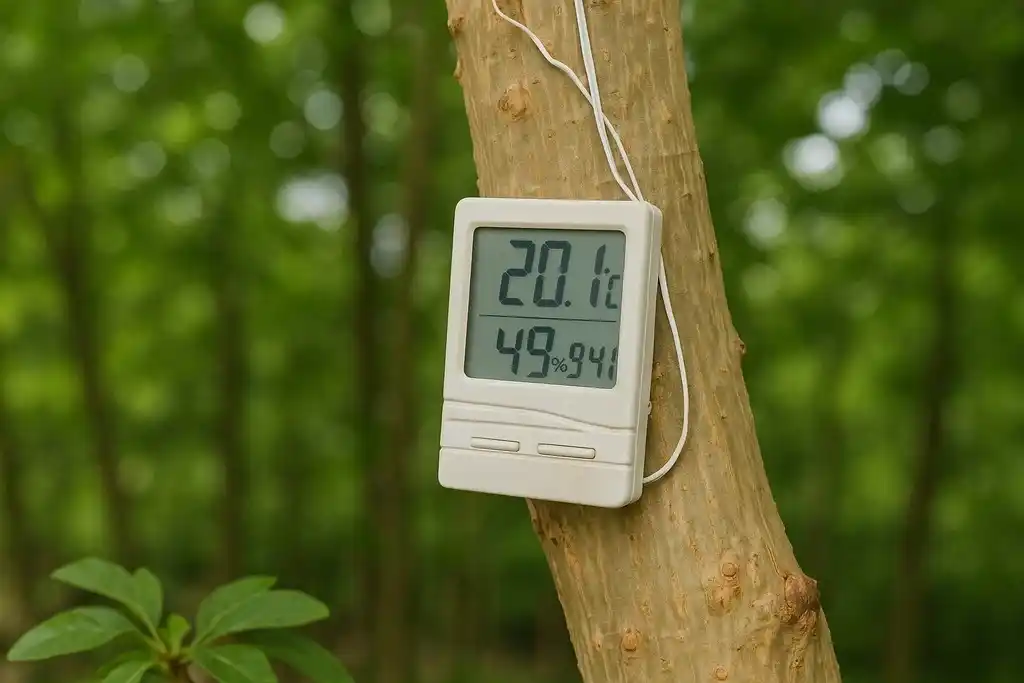 Termohigrómetro digital con sonda externa fijado en un tronco de un árbol joven, su sonda sube por el tronco hasta perderse fuera de la imagen, de fondo vegetación verde