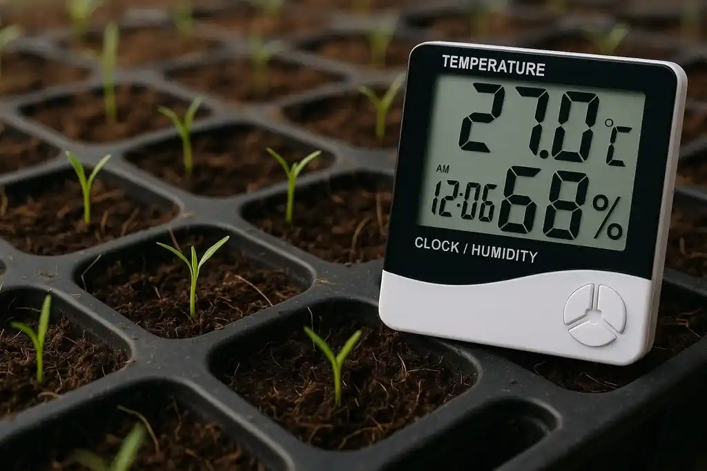 Dispositivo similar al termohigrómetro HTC colocado encima de un plantero en el interior de un invernadero