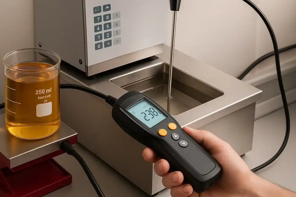Termohigrómetro digital con sonda externa portátil, sostenido por la mano derecha de una persona, haciendo mediciones de temperatura y humedad de un líquido naranja que está dentro de un vaso de precipitados, a su derecha hay maquinaria de laboratorio