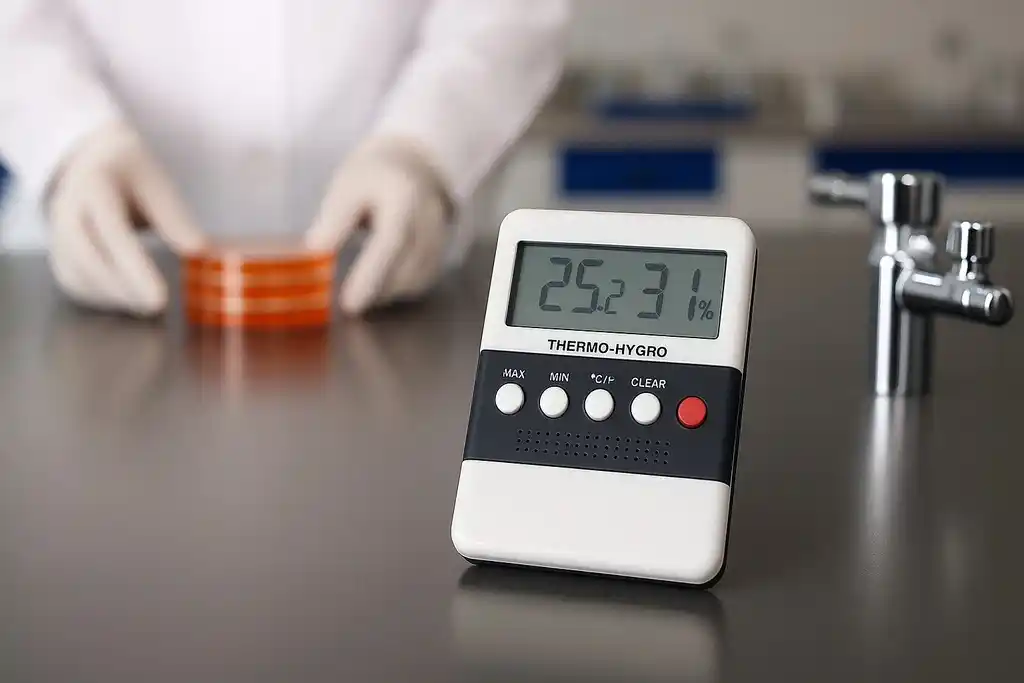 Termohigrómetro para laboratorio colocado encima de una mesa de trabajo metálica, al fondo hay un grifo y un técnico con bata y guantes blancos trabajando con muestras