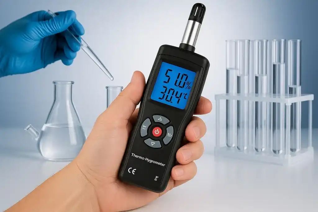 Termohigrómetro portátil profesional sostenido por una mano, y de fondo otra mano con guante de látex trabajando con utensilios de laboratorio