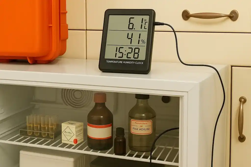 Termohigrómetro calibrado de uso profesional, encima de una nevera de laboratorio con la puerta de cristal, monitoreando la temperatura y la humedad del interior con su sonda