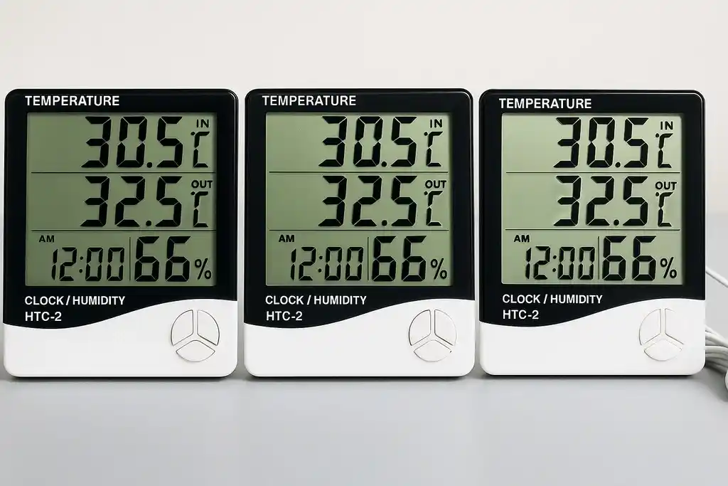 Tres termohigrómetros HTC 2 llevando a cabo una prueba de calibración, colocados uno al lado del otro para comparar que todos marcan igual en los valores de temperatura y humedad relativa