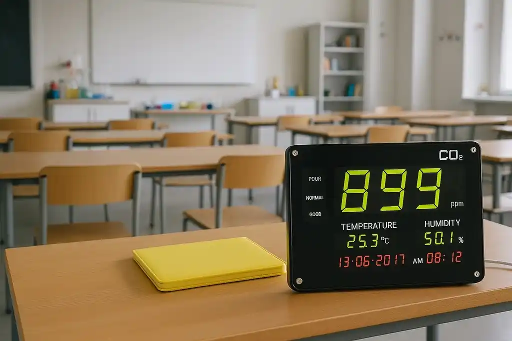Dispositivo similar al termohigrómetro rotronic pantalla de medición de temperatura, humedad y CO2, de color negro, encima de una mesa de madera clara en la clase vacía de una escuela.