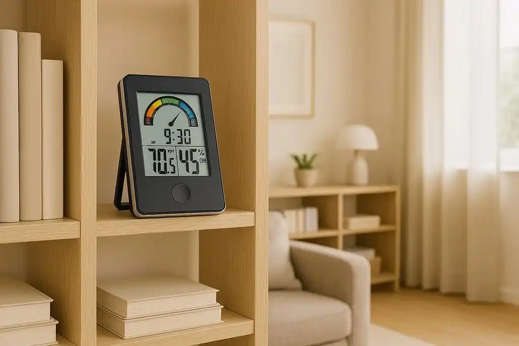 Medidor de temperatura y humedad parecido al termohigrómetro taylor 1732, en una estantería de madera con libros, en una bonita habitación