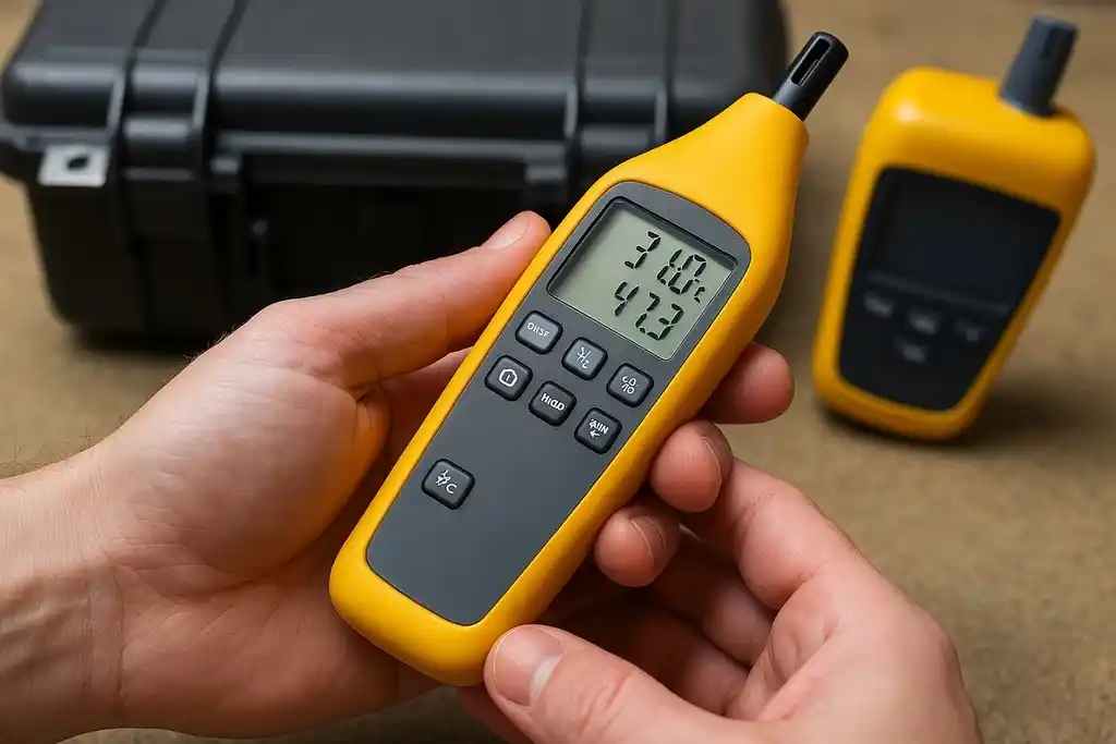 Medidor de temperatura y humedad amarillo, similar al termohigrómetro fluke 971, sostenido por las dos manos de una persona y de fondo otro medididor amarillo con un maletín de plástico negro a su lado