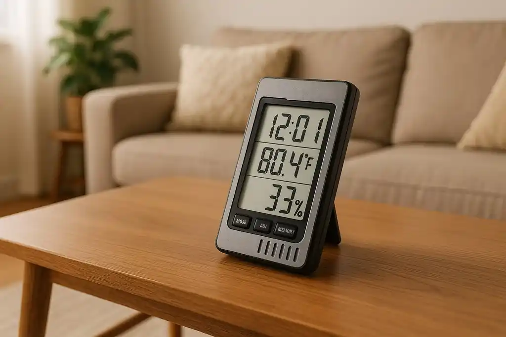 Dispositivo parecido al termohigrómetro Cem dt 322 encima de una mesa de centro de madera en el salón, y de fondo un sofá color arena y a su lado izquierdo una mesa auxiliar con una planta encima