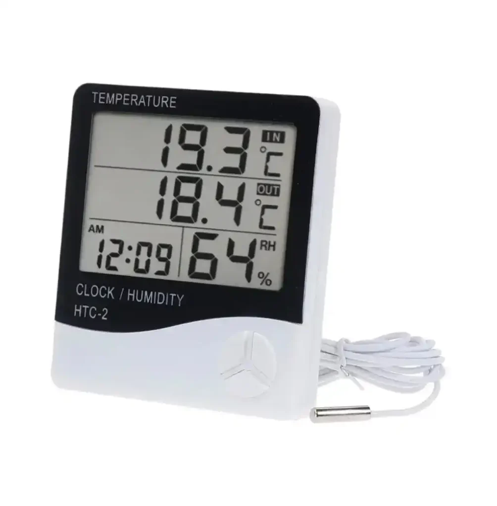 Vista frontal de un termohigrómetro digital HTC 2 con sonda de temperatura y humedad relativa