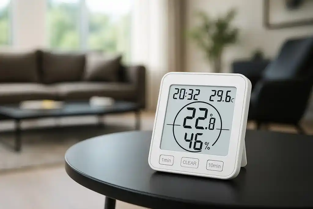 Medidor de temperatura y humedad relativa similar al termohigrómetro Beurer hm 22 encima de una mesita auxiliar redonda de color negro, en un bonito salón