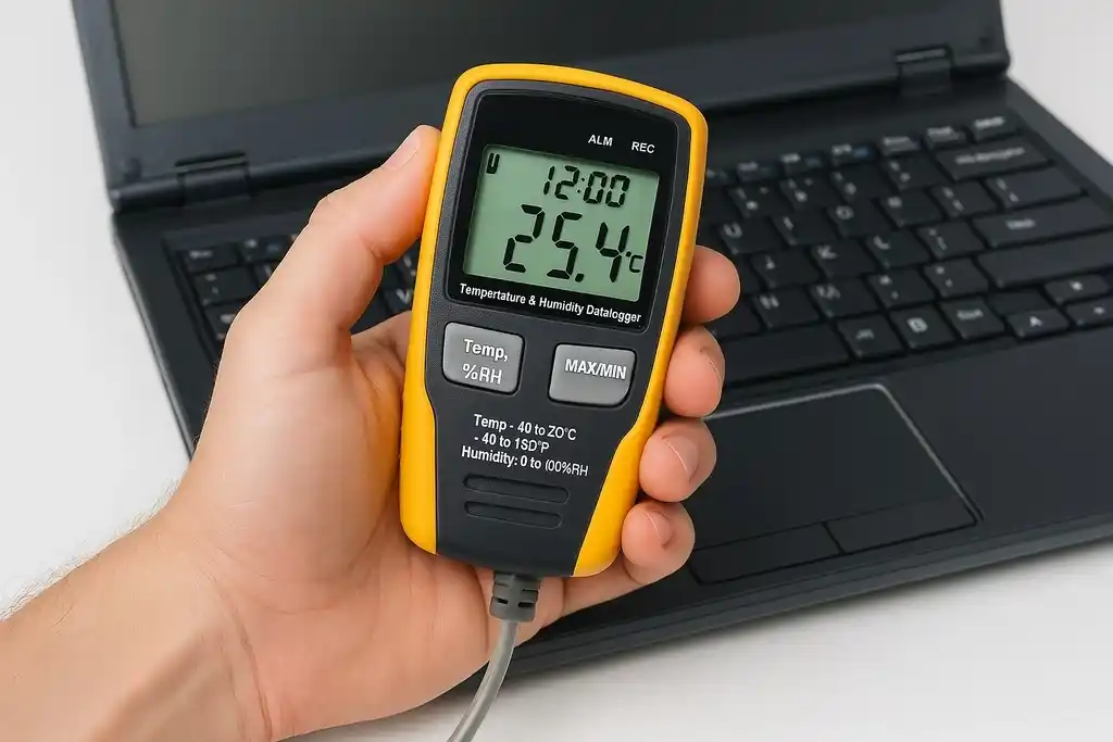 Data logger parecido al Cem dt 172, sujetado por la mano izquierda de una persona junto a un ordenador portátil negro encima de una mesa blanca