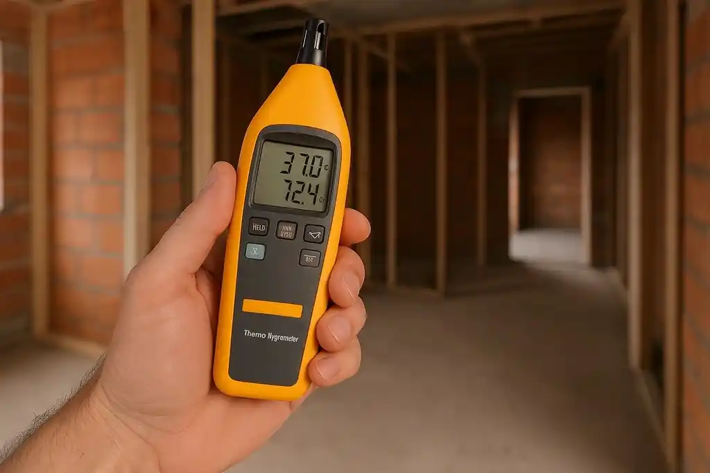 La mano izquierda de un técnico sosteniendo un dispositivo parecido a un termohigrómetro digital fluke, en el interior de una casa en construcción
