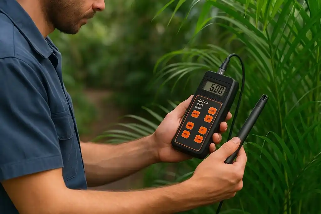 Medidor de temperatura y humedad parecido al termohigrómetro Hanna HI 9564, sostenido por un técnico, mientras hace lecturas en un espacio con plantas.