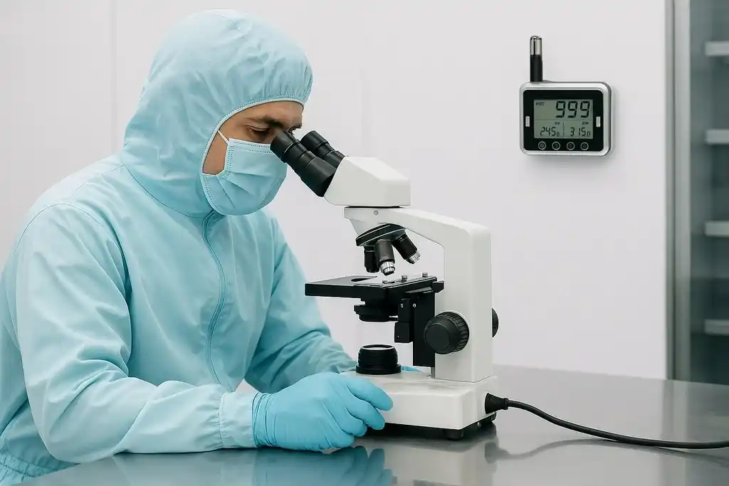 Técnico equipado con guantes, mascarilla y un mono con capucha para laboratorio de color azul claro, mirando unas muestras en un microscopio y en la pared del fondo un medidor de temperatura y humedad relativa similar a un termohigrómetro rotronic CL11