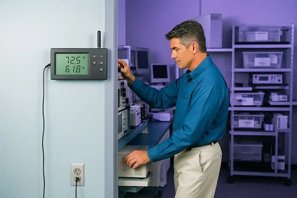 Técnico en un laboratorio, y a su lado, fijado en la pared, un medidor de temperatura y humedad similar al termohigrómetro fluke 1620a