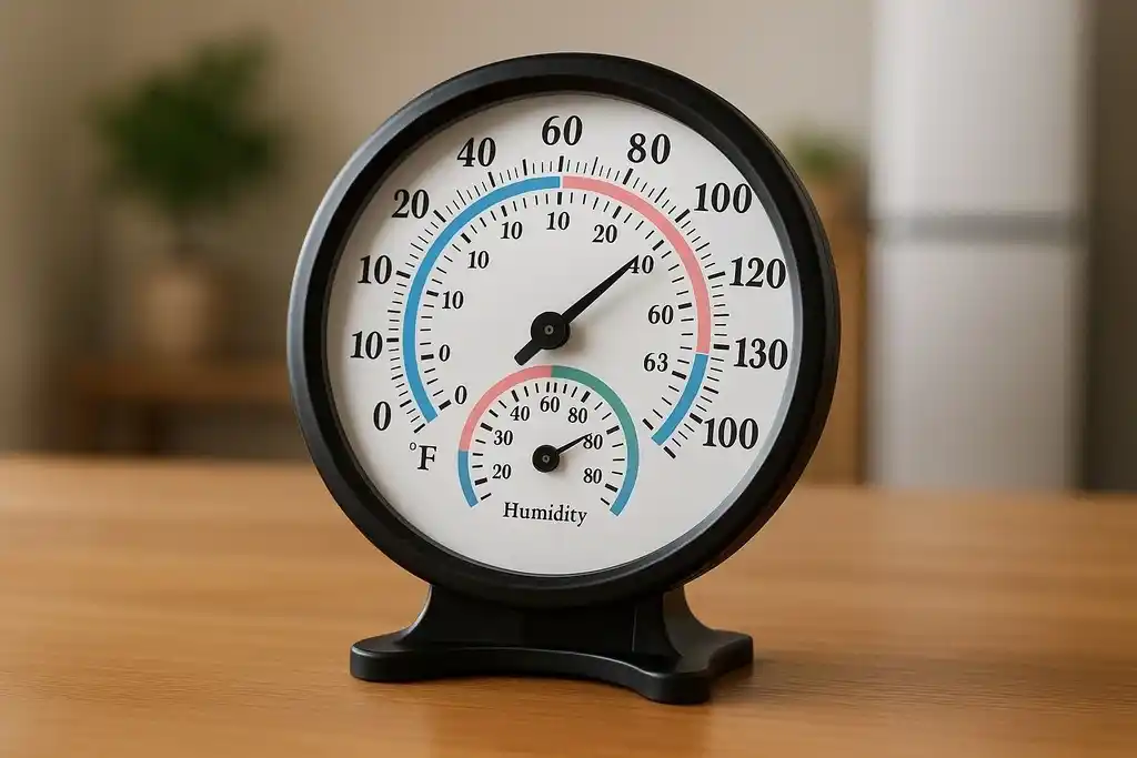 Termohigrómetro analógico con esfera y aguja para lectura mecánica, encima de una mesa en una sala de estar y de fondo una planta y otros muebles
